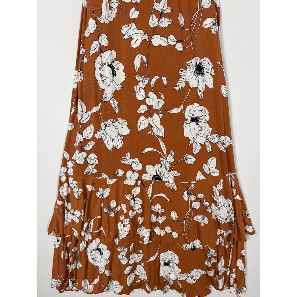 Anthropologie Ruffled Floral Midi Dress Brown Motif Medium Faux Wrap Resortwear - Picture 7 of 12